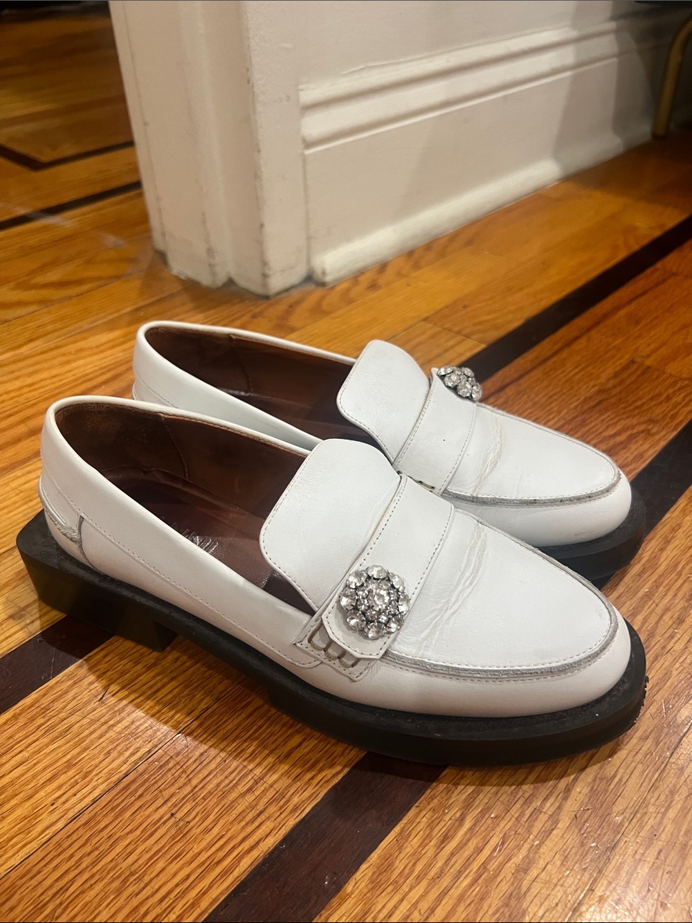 Ganni White Leather Loafers with Crystal Accent